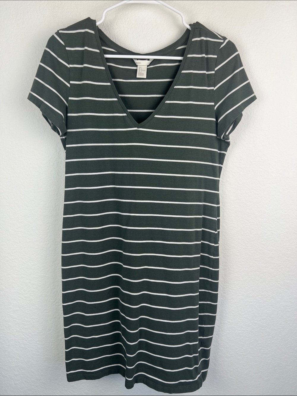 H&M Dark Green White Striped V-Neck Mini Nautical Preppy Dress Women’s Sz L